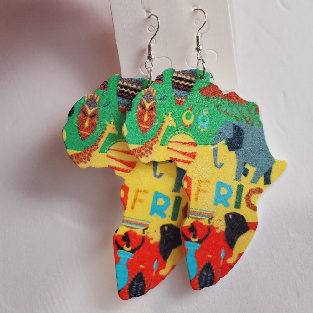 African Map Animal Wood Painted Tribal Earrings. Length 3.0 inches - Picture 7 of 12